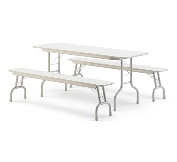 Tables and bencheswith folding feet